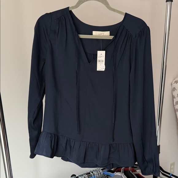 LOFT Deep Blue Ruffle Hem Blouse - Picture 2 of 4